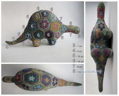 Динозавр из мотивов Африканский цветок вязание и схемы вязания