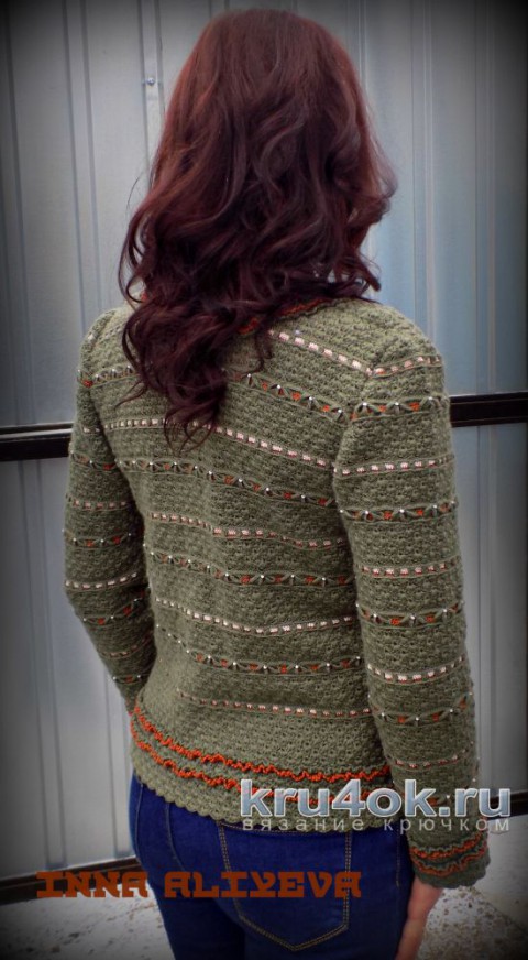 Кофточка цвета полыни в стиле Шанель. Работа Inna Aliyeva вязание и схемы вязания