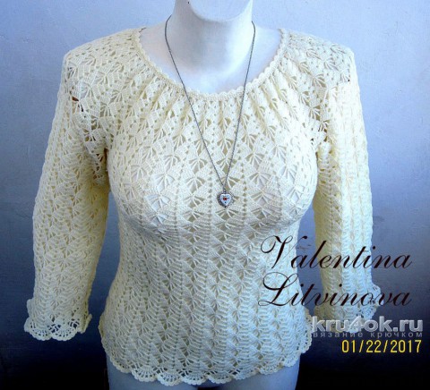 Ажурная блузка цвета экрю. Работа Валентины Литвиновой вязание и схемы вязания