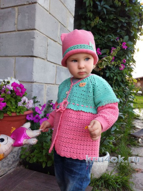 Комплект Киска: кофточка и шапочка для девочки на 2 года вязание и схемы вязания