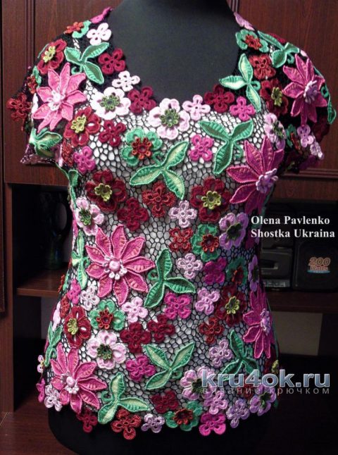 Блуза Цветочная россыпь в технике ирландского кружева. Работа Елены Павленко вязание и схемы вязания