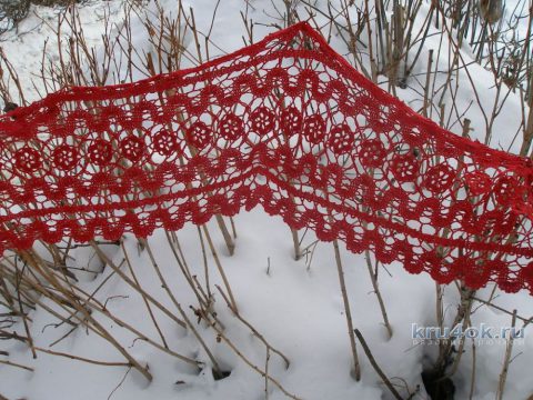 Красный шарф в технике брюггское кружево. Работа Елены вязание и схемы вязания