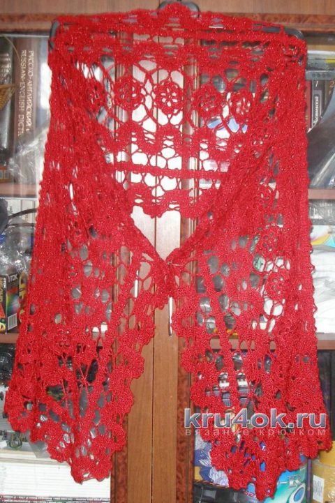 Красный шарф в технике брюггское кружево. Работа Елены вязание и схемы вязания