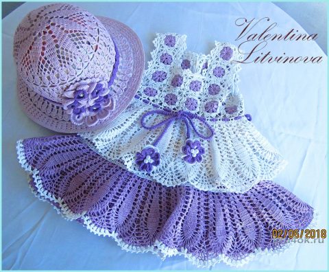 Комплект: платье Сиреневые глазки и шляпка. Работа Валентины Литвиновой вязание и схемы вязания