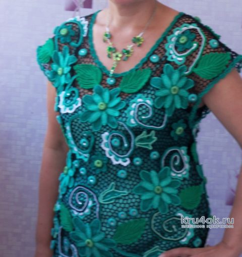 Платье Изумруд связано ирландским кружевом. Работа Людмилы Савельевой вязание и схемы вязания