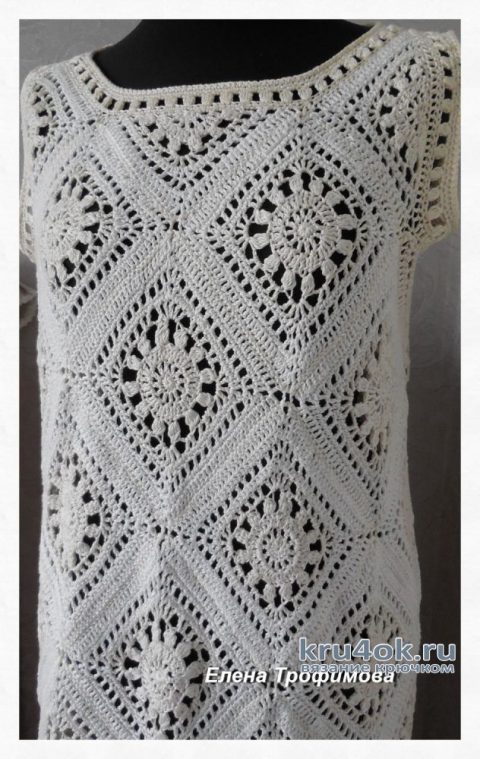 Летнее платье сарафан из ажурных мотивов крючком. Работа Елены Трофимовой вязание и схемы вязания