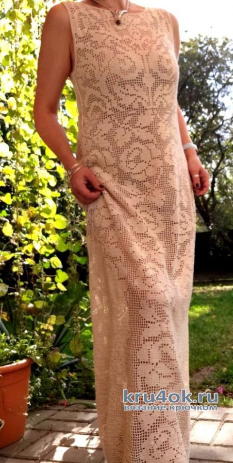 Женское платье связанное в технике филейное кружево. Работа Елены Шевчук вязание и схемы вязания
